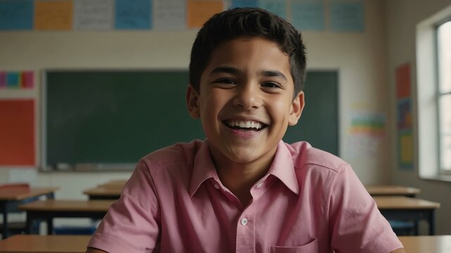 kid hispanic male in pink shirt on classroom model portrait giggling for ad concept space for text