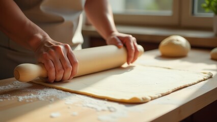 Obraz premium Baker kneading soft dough on rustic wooden surface, sunlight illuminating fresh cinnabon rolls with warm golden hues of traditional home baking