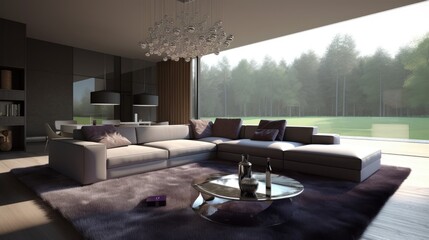 Fototapeta premium Modern Living Room Design: A spacious, contemporary living room features a large sectional sofa, plush rug, and a stunning view of a tranquil forest landscape through expansive windows.