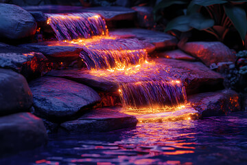waterfall with radiant streams of light cascading into a neon pool, symbolizing renewal