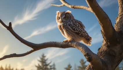 Obraz premium Serene Owl on Branch: A Peaceful Sunset Portrait