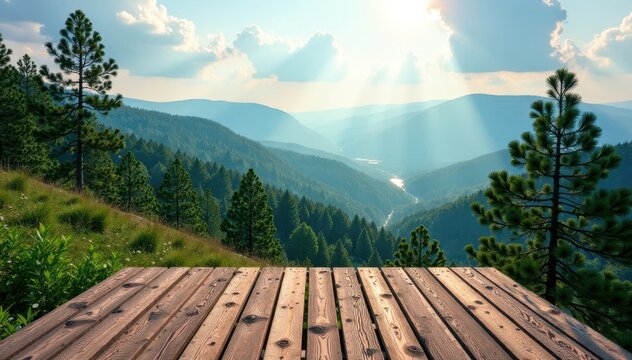 Wooden observation deck on hill overlooking forest, scenery, hill, nature