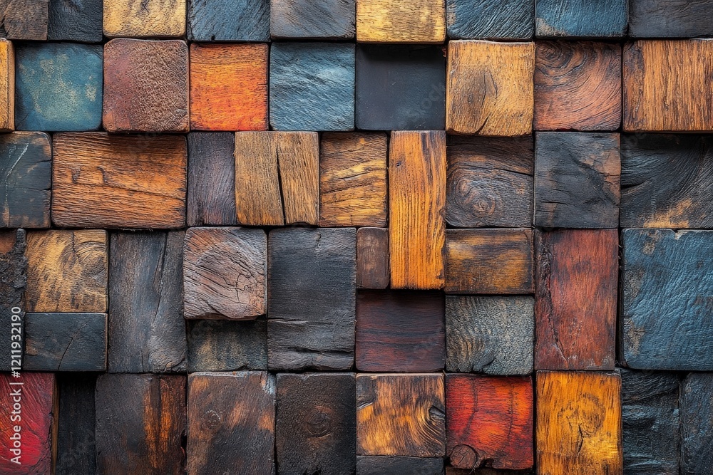 Aufkleber A captivating arrangement of colorful wooden blocks forming an intricate and visually striking pattern, showcasing various shades and textures of wood.