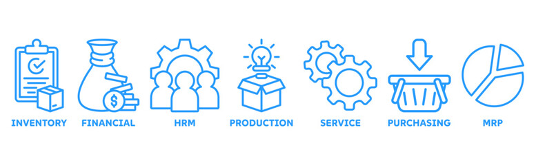 ERP icon set illustration concept for enterprise resource planning with icon of inventory, financials, hrm, production, service, purchasing, and mrp