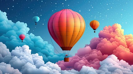 Obraz premium Romance takes flight in this colorful flat design hot air balloon adventure illustration