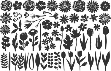 "Flower and Leaf Silhouette Collection: Hand-Drawn Black & White Floral Elements