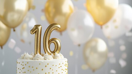 Elegant sweet sixteen birthday cake with gold balloons and white frosting for celebration
