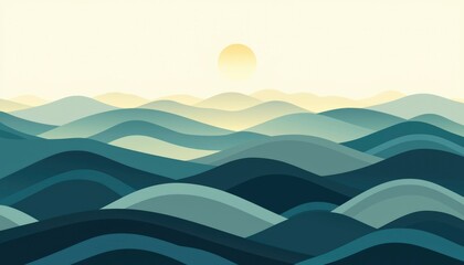 Abstract Landscape with Rolling Hills and Sun