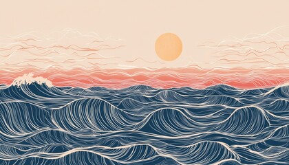 Abstract Ocean Waves Sunset Scene Artistic Illustration