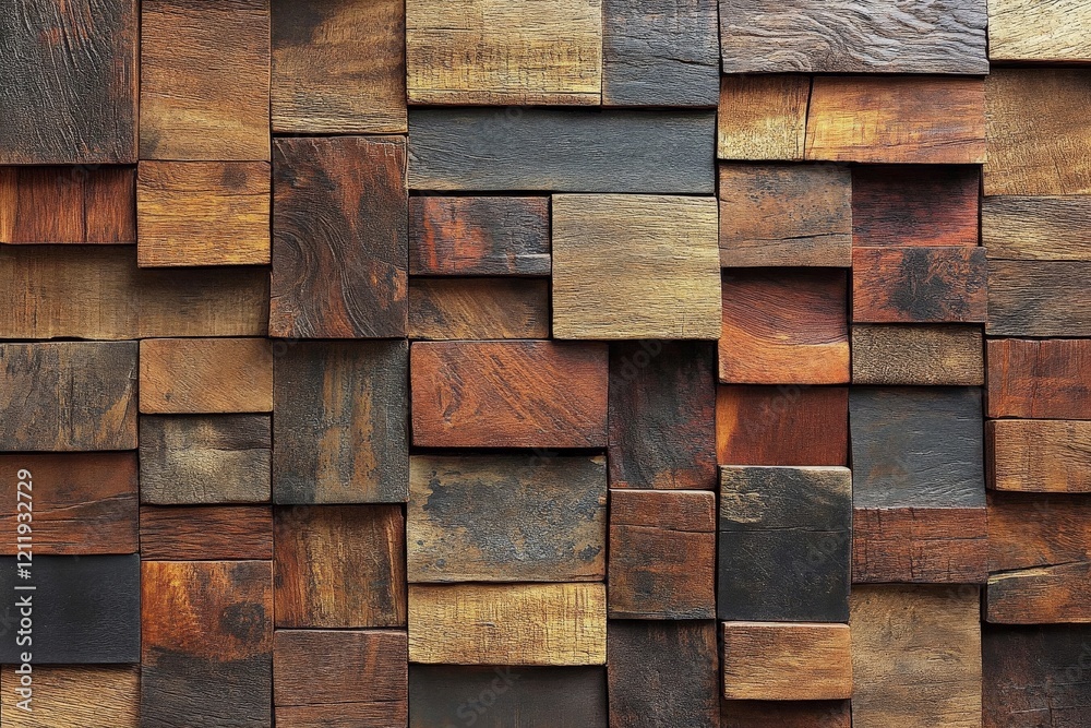 Aufkleber Intricate abstract art featuring a geometric pattern of wooden blocks in diverse shades of brown, representing a fusion of natural textures and tones.