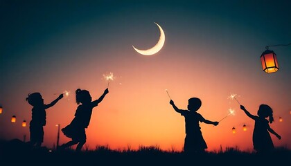 Children Silhouetted Against Sunset Playing With Sparklers