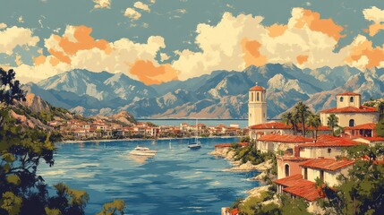 Fototapeta premium Mediterranean Coastal Town nestled amongst Majestic Mountains