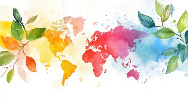 World Backup Day Colorful watercolor world map with leaves for nature and global themes
