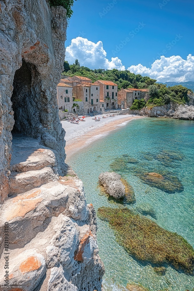 Poster A view of a beach with a building in the background, suitable for travel or architecture related projects