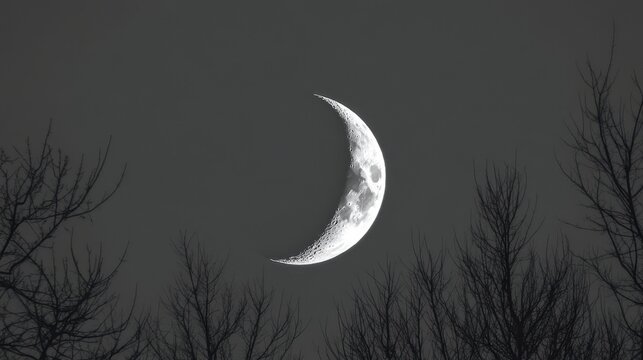 New Moon March Serene night view of crescent moon above silhouetted bare trees