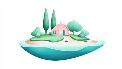 Naklejka premium Pink House on a Small Island in the Ocean
