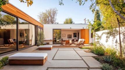 Fototapeta premium Modern home with a serene outdoor patio and lush greenery.