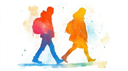 National Walking Day Vibrant watercolor silhouettes of travelers walking with backpacks on colorful background