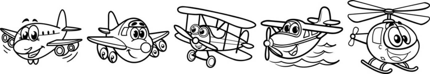 Set of Cartoon Aircraft Including Planes, Biplane, and Helicopter