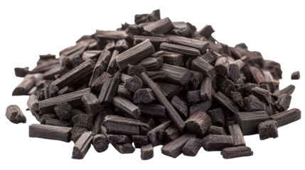 Natural activated charcoal pieces arranged in a neat pile showcasing their unique texture and color
