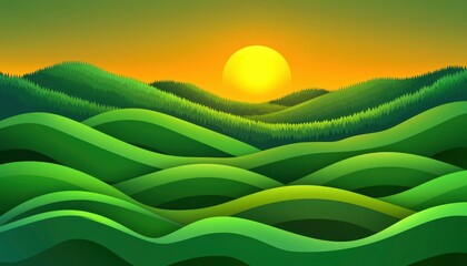 Obraz premium Sunset over rolling green hills and a forest