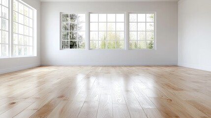 Bright empty room, hardwood floor, large windows, trees outside, home design