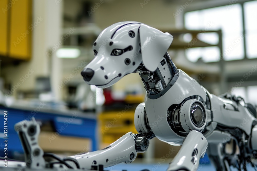 Poster a robotic dog sits on a table, ready for action