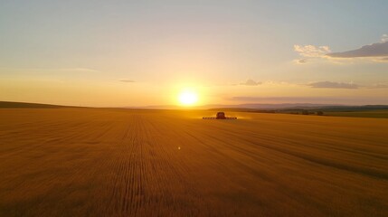 Obraz premium Aerial drone view of golden wheat field with combine harvester working at sunset