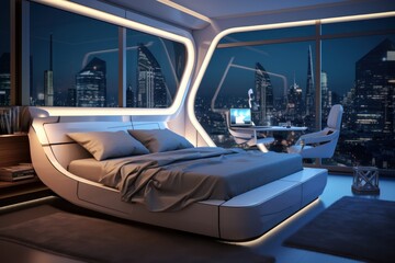 Obraz premium Modern futuristic bedroom design with cityscape view and innovative lighting for interior inspiration