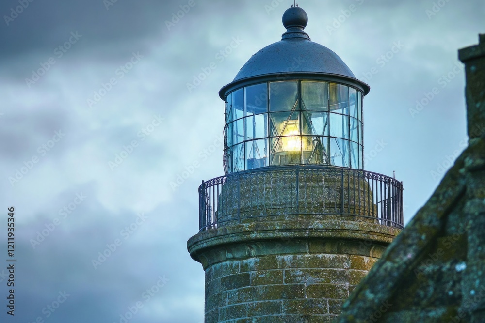 Poster a beacon of hope and guidance at night, suitable for use in illustrations about safety or navigation