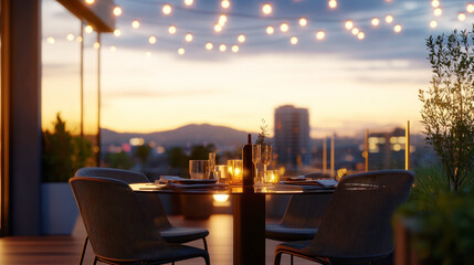 Evening rooftop dining with string lights and city view at sunset