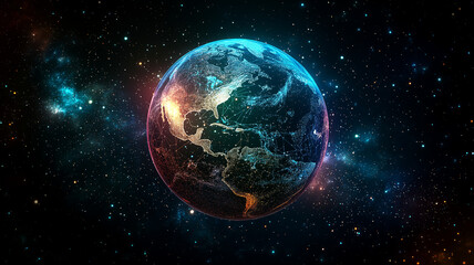 Obraz premium glowing Earth surrounded by stars, showcasing global connections and data flow in cosmic setting. vibrant colors highlight beauty of our planet in universe