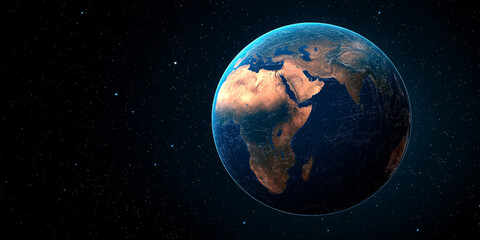 Naklejka premium stunning view of Earth from space, showcasing continents and oceans, with starry background. image captures beauty of our planet in cosmic setting