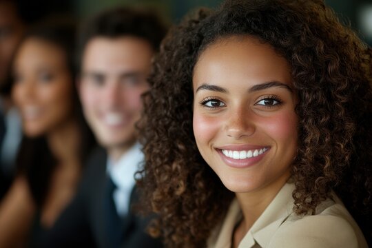 National Entrepreneurship Week Smiling african female adult with curly hair in professional setting - Powered by Adobe