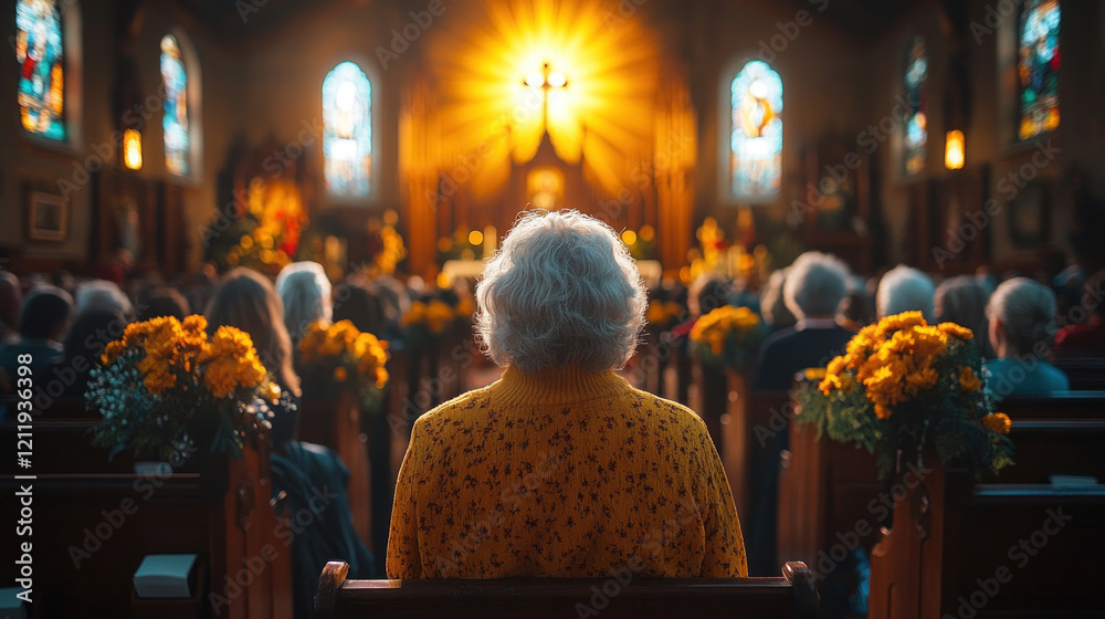 Wall mural A vibrant Easter Sunday service in a Christian church, with joyful worshippers singing hymns