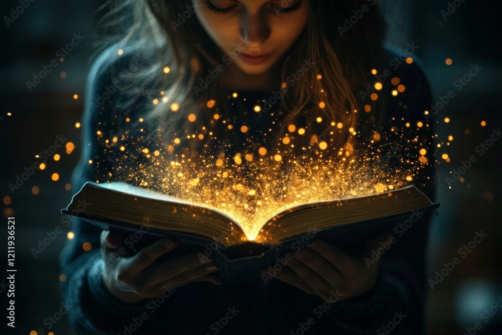 Poster A captivating image of a girl holding an open book, with golden sparkles rising from its pages, symbolizing curiosity and imagination in a dimly-lit setting.