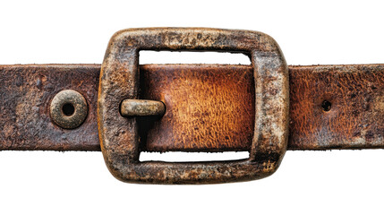 An aged leather belt with a vintage metal buckle resting on a textured surface in warm light