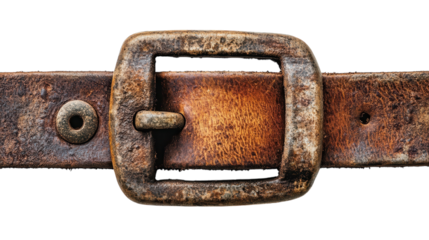 An aged leather belt with a vintage metal buckle resting on a textured surface in warm light