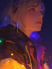 Obraz premium A Young Woman Gazes Upward Under Neon Lights