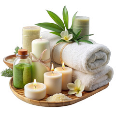Spa Serenity Candles Towels Aromatherapy Wellness Tranquility Relaxing Green White Bamboo Tray Zen  