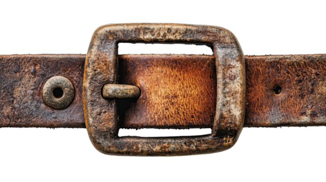 An aged leather belt with a vintage metal buckle resting on a textured surface in warm light