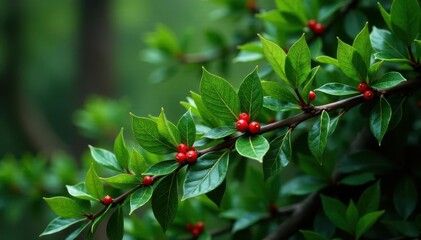 Lush greenery wrapped around a sturdy evergreen branch, greenery, holly, forest