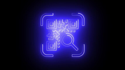 neon glowing QR code scan icon animation on black background in blue color. QR code scan with search icon animation. motion graphic video.