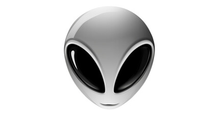 A sleek, futuristic alien head design with a metallic finish and large black eyes. Isolated on a transparent background for sci-fi themes.