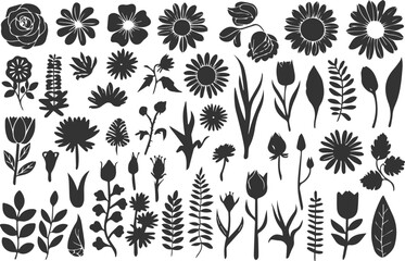 "Flower and Leaf Silhouette Collection: Hand-Drawn Black & White Floral Elements