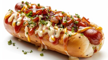 National Corn Dog Day Gourmet hot dog with sauces and toppings for a festive cookout or backyard barbecue