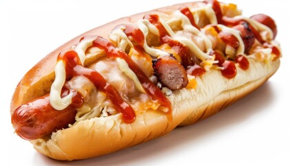 National Corn Dog Day Delicious grilled hot dog with ketchup and mayonnaise for food lovers