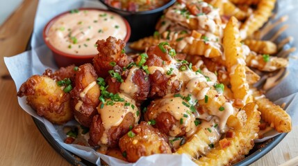 National Tater Day Crispy chicken bites with spicy sauce and seasoned fries, perfect for savory indulgence