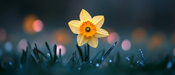 Single yellow daffodil with dew drops in bokeh background. © Tahu