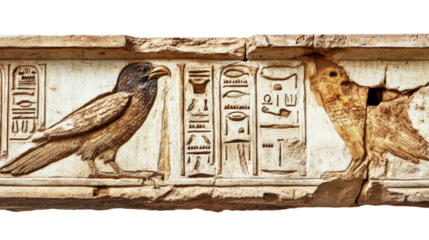 Ancient Egyptian hieroglyphics featuring a falcon and a sparrow on a stone relief isolated on transparent background